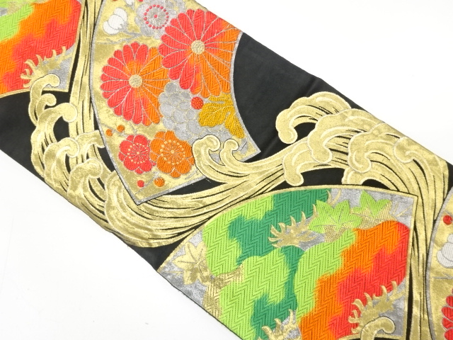 JAPANESE KIMONO / ANTIQUE FUKURO OBI / WOVEN KIKU